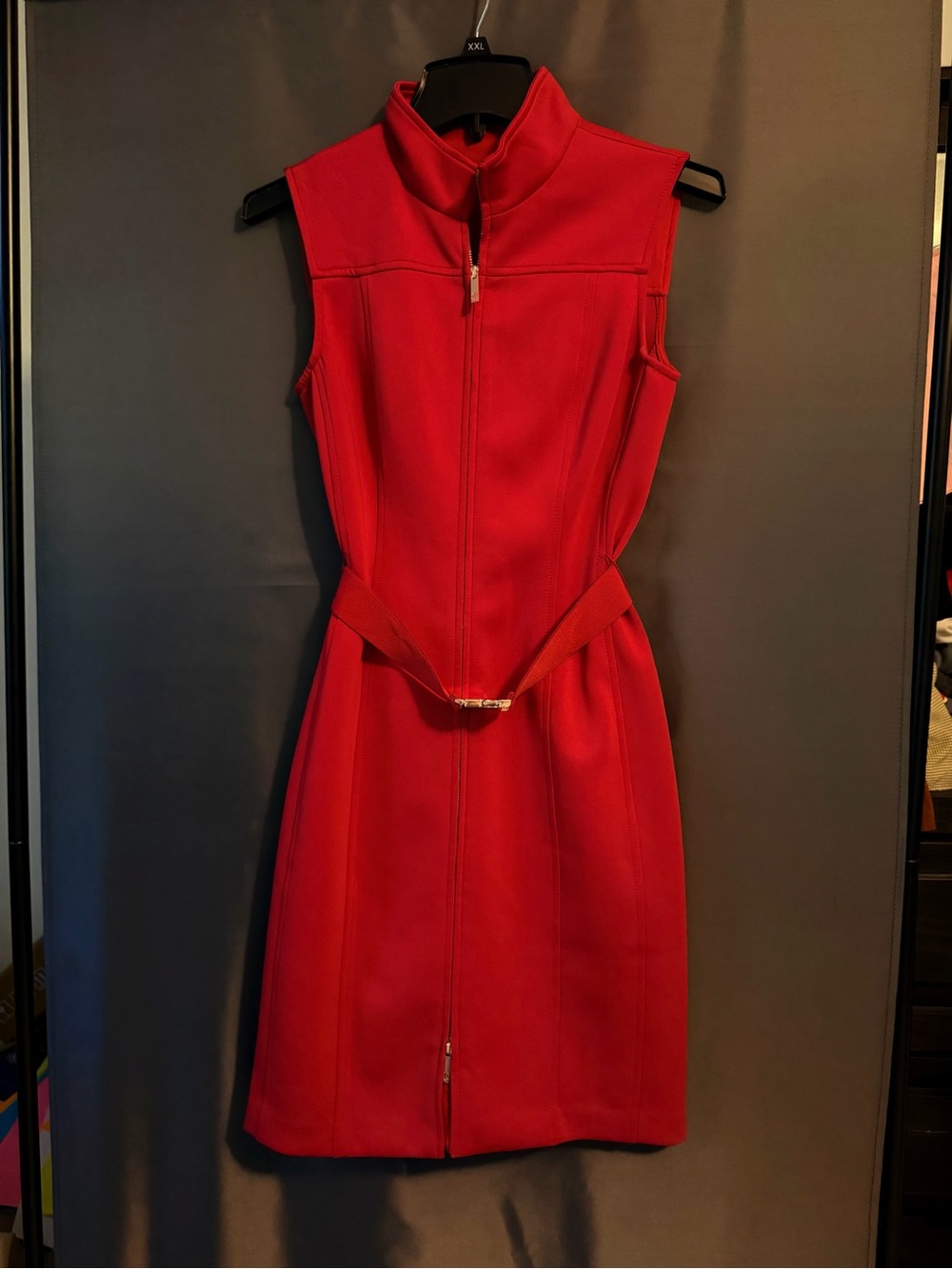 Tommy Hilfiger Red Sleeveless Zip-Front Belted Midi Dress
